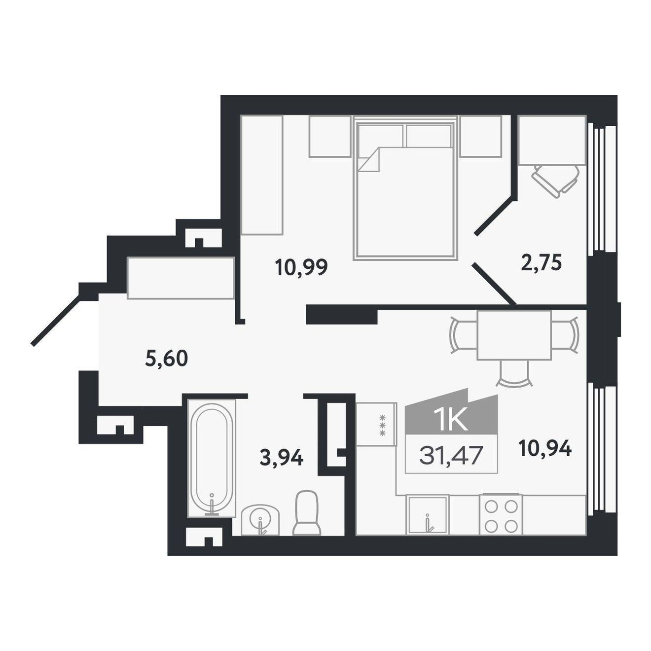 1-комнатная 31 м2 в ЖК Квартал 1604 корпус null этаж 14