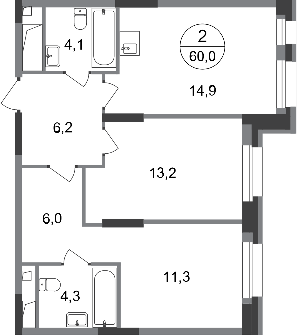 2-комнатная 60 м2 в ЖК Первый Московский корпус null этаж 12