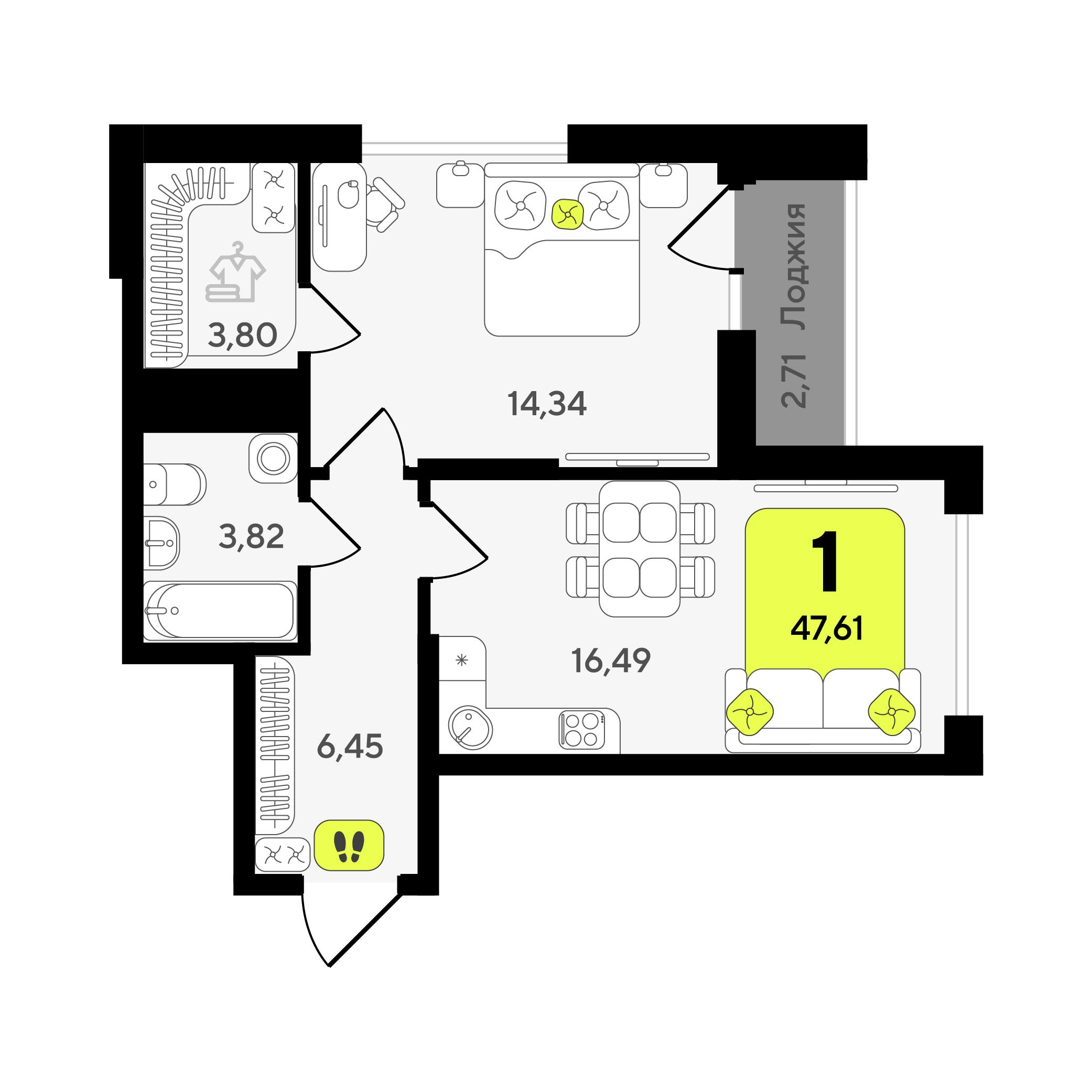 1-комнатная 47 м2 в ЖК Окинава корпус null этаж 14