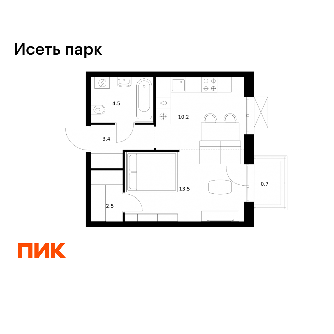 1-комнатная 34 м2 в ЖК Исеть парк корпус null этаж 4