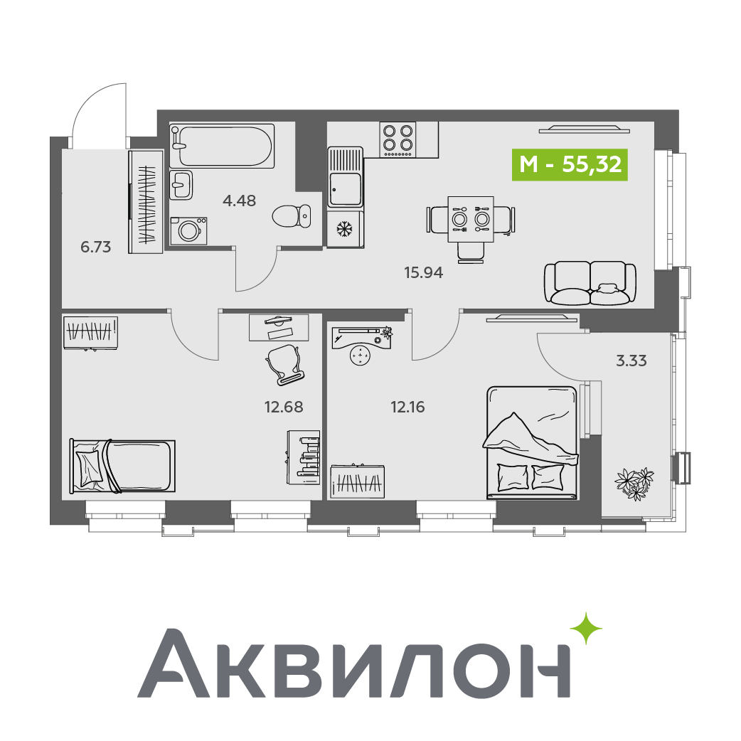 Студия 55 м2 в ЖК Аквилон АКВАРТАЛ корпус null этаж 14