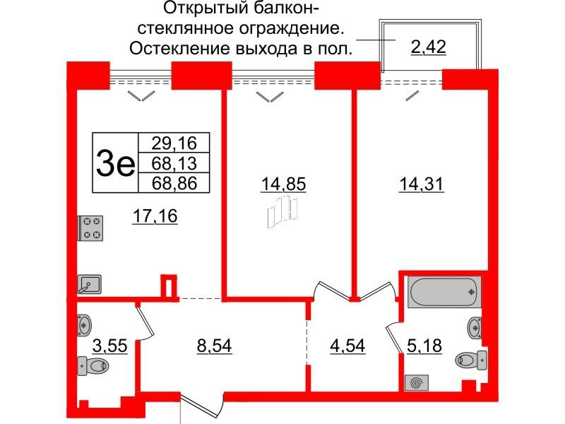 2-комнатная 68 м2 в ЖК Империал Клаб корпус null этаж 4