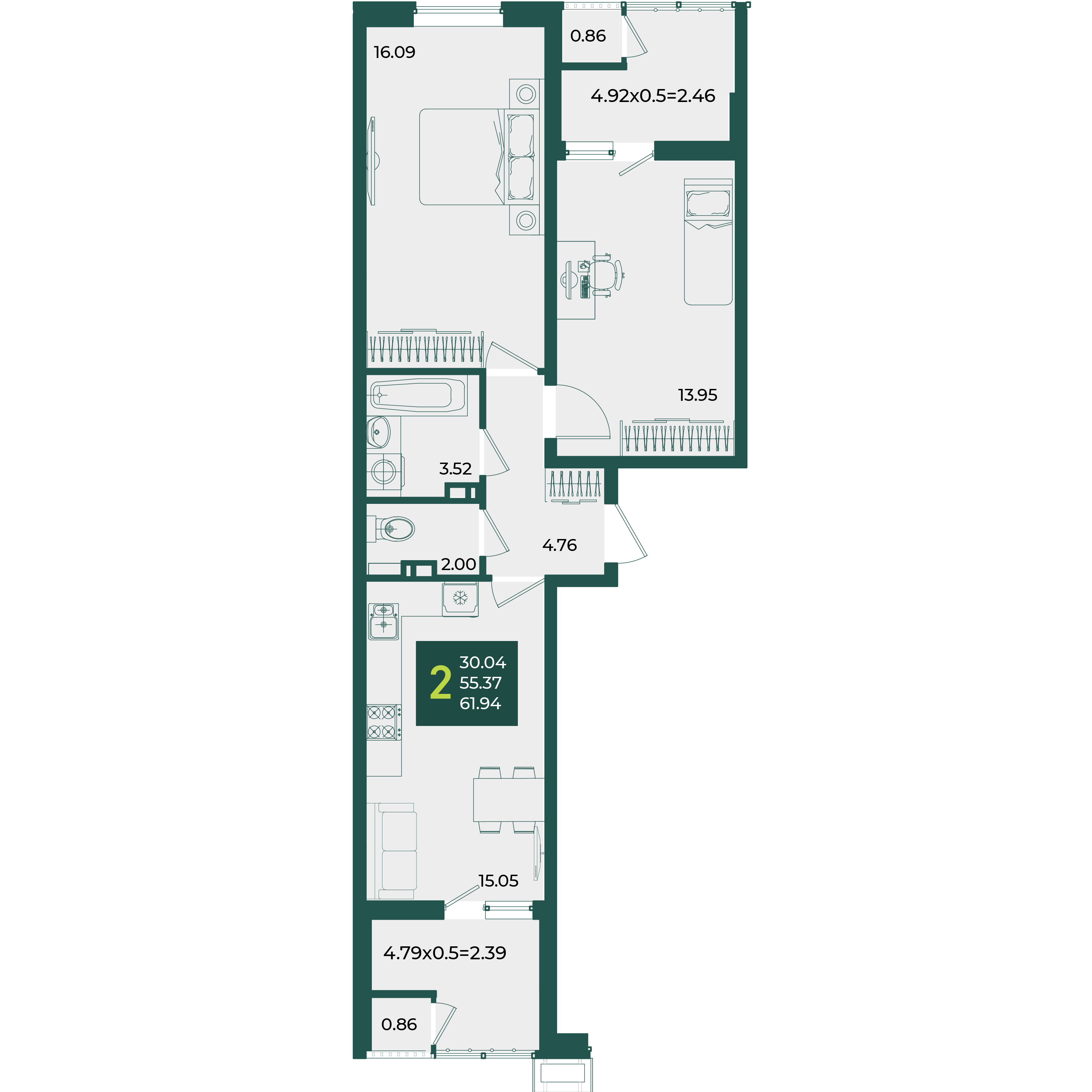 2-комнатная 61 м2 в ЖК Образцово корпус null этаж 3