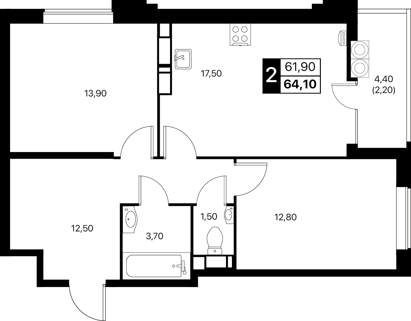 2-комнатная 64 м2 в ЖК Эстет корпус null этаж 14