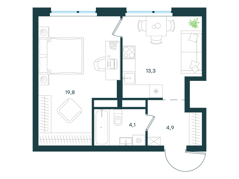 1-комнатная 42 м2 в ЖК Левел Лесной корпус null этаж 13