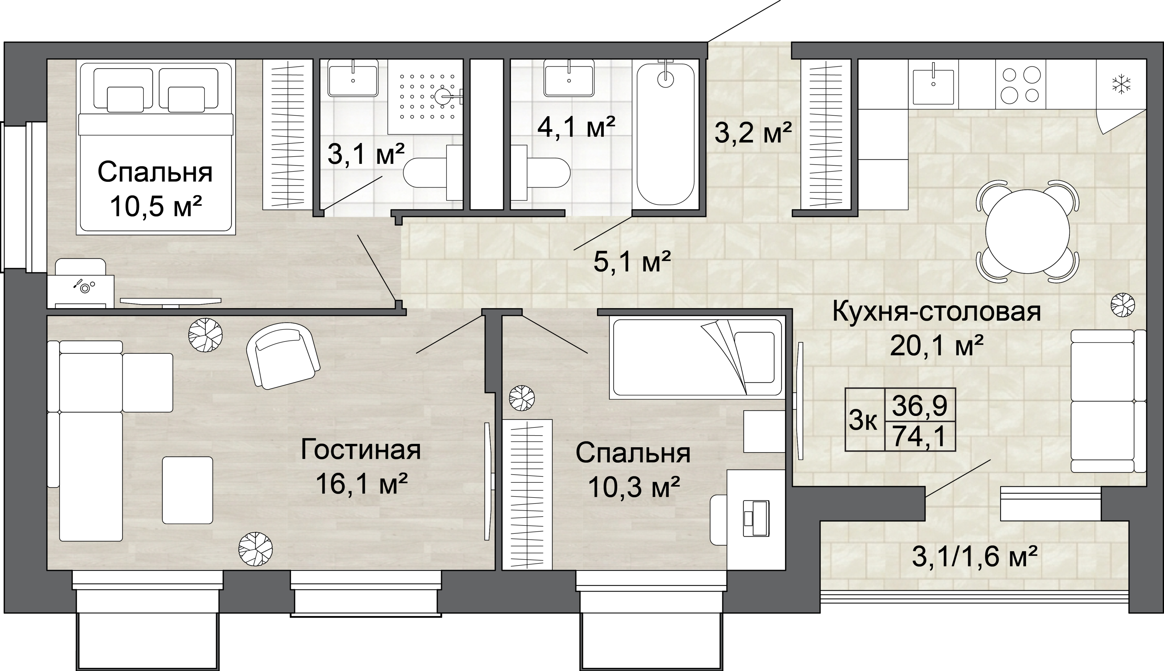 3-комнатная 74 м2 в ЖК Яблоневый Сад корпус null этаж 6