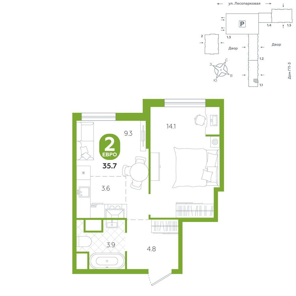 1-комнатная 35 м2 в ЖК Чистые пруды корпус null этаж 6