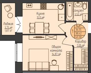1-комнатная 40 м2 в ЖК Звездный корпус null этаж 1