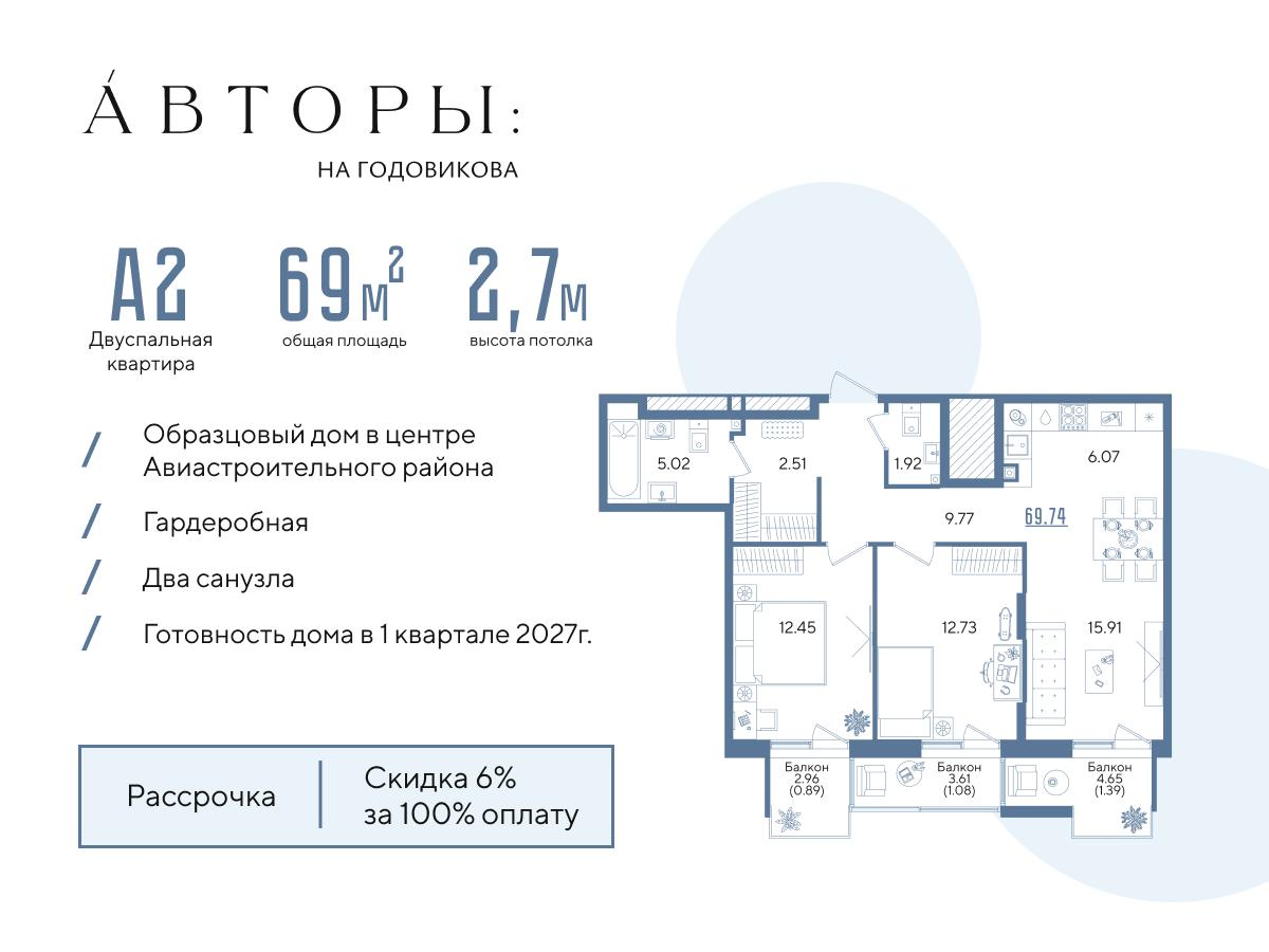 2-комнатная 69 м2 в ЖК Авторы на Годовикова корпус null этаж 3