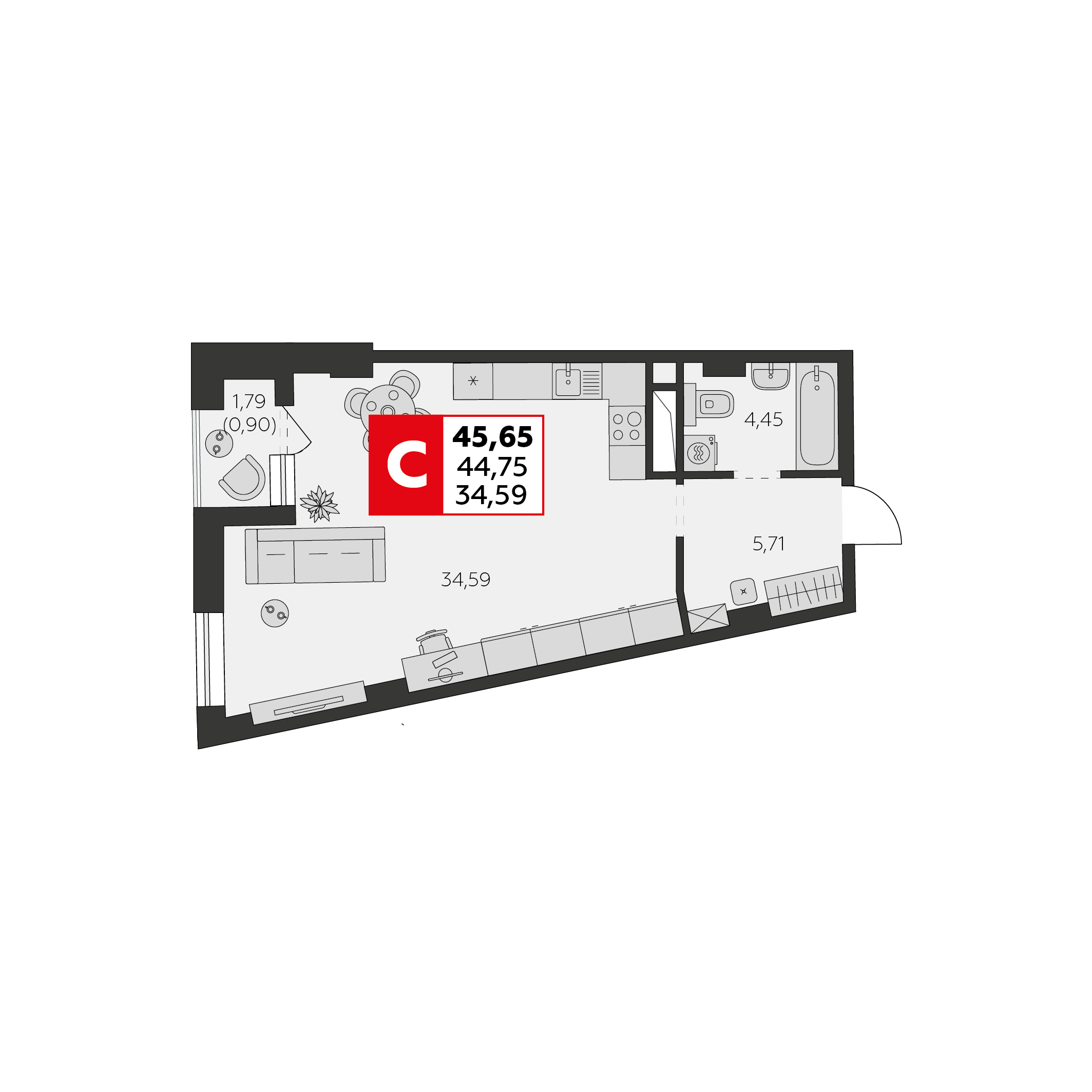 Студия 45 м2 в ЖК Высотка корпус null этаж 7