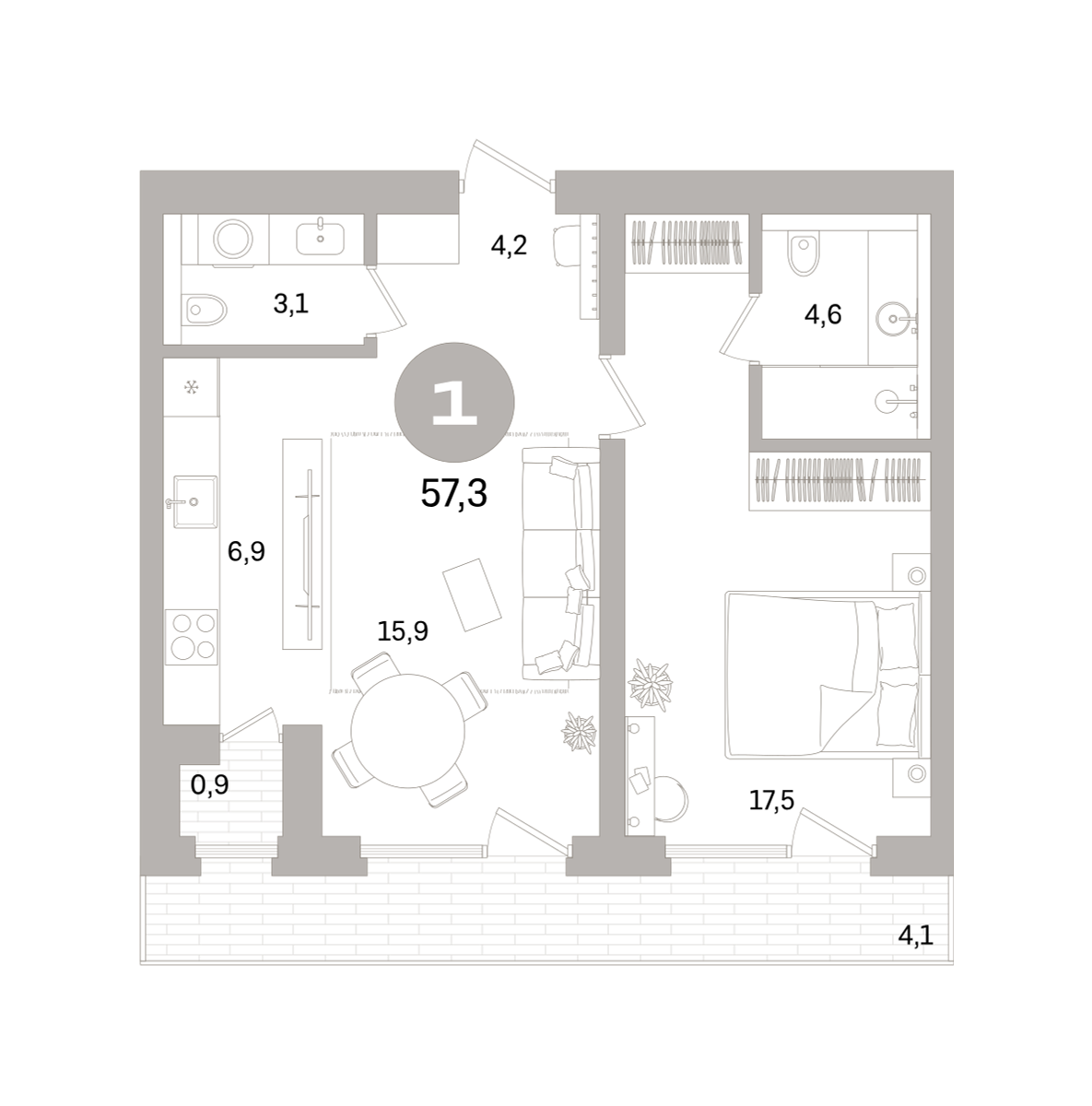 1-комнатная 57 м2 в ЖК Северный ветер корпус null этаж 2