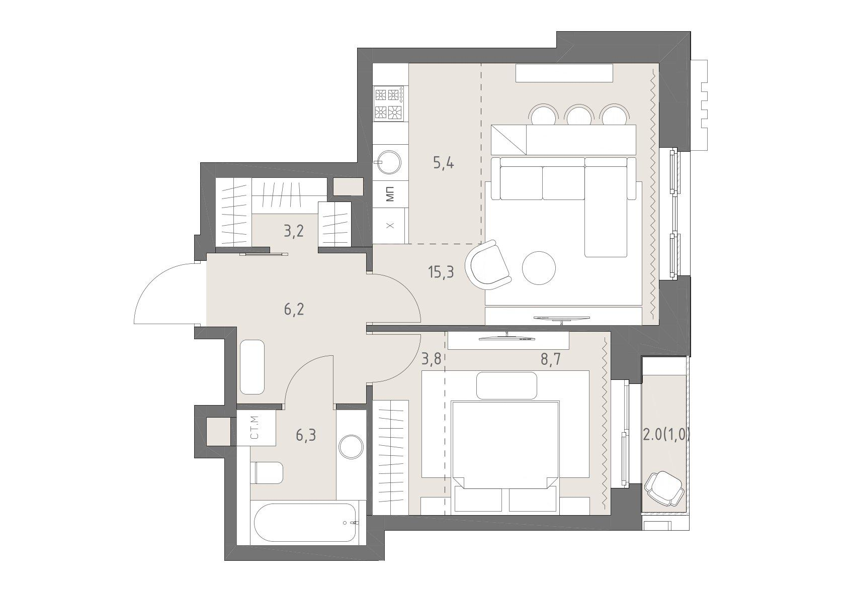 2-комнатная 49 м2 в ЖК Родина парк корпус null этаж 8