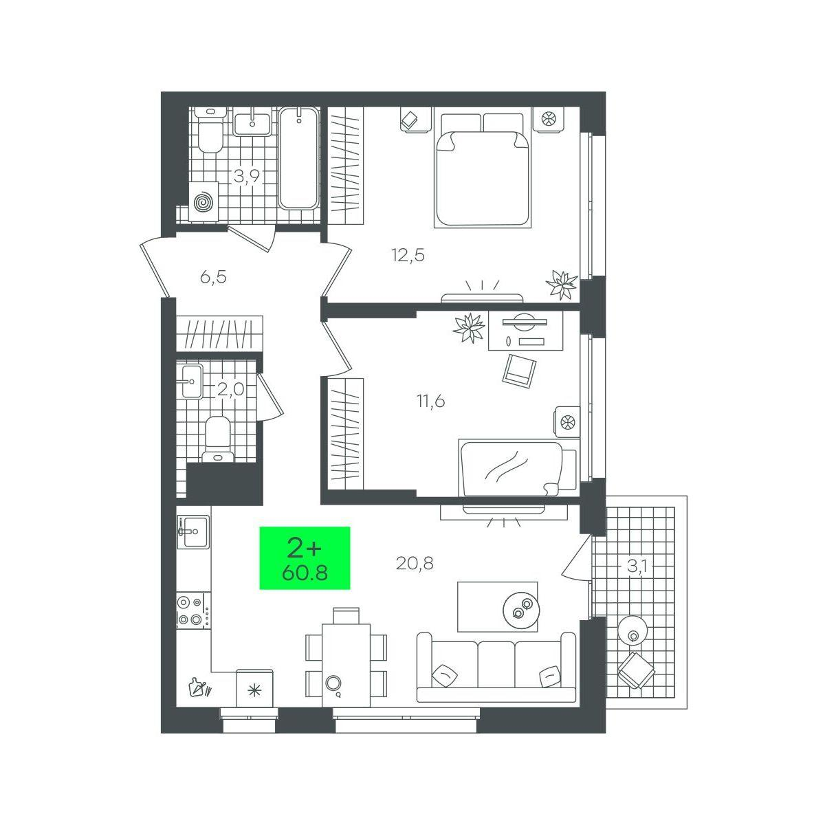 2-комнатная 60 м2 в ЖК Сезоны корпус null этаж 11