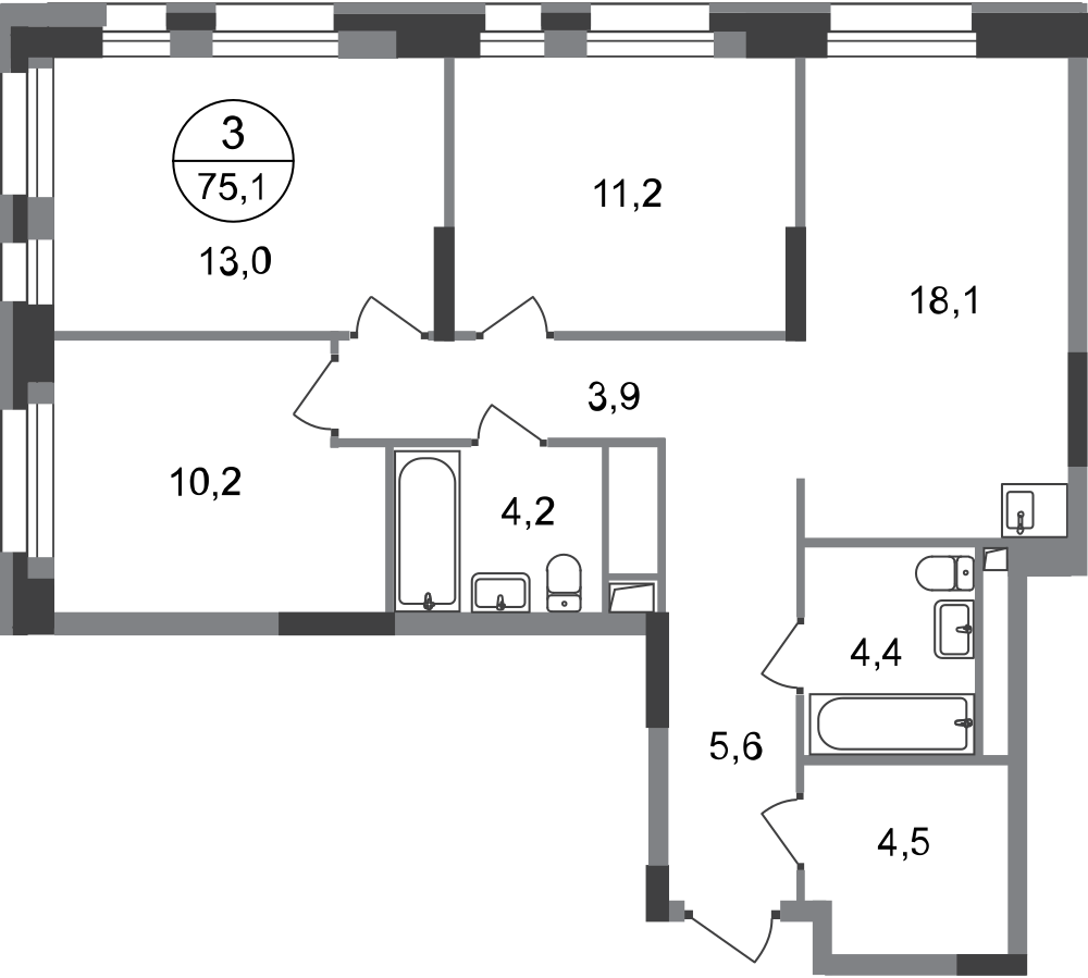 3-комнатная 75 м2 в ЖК Первый Московский корпус null этаж 2