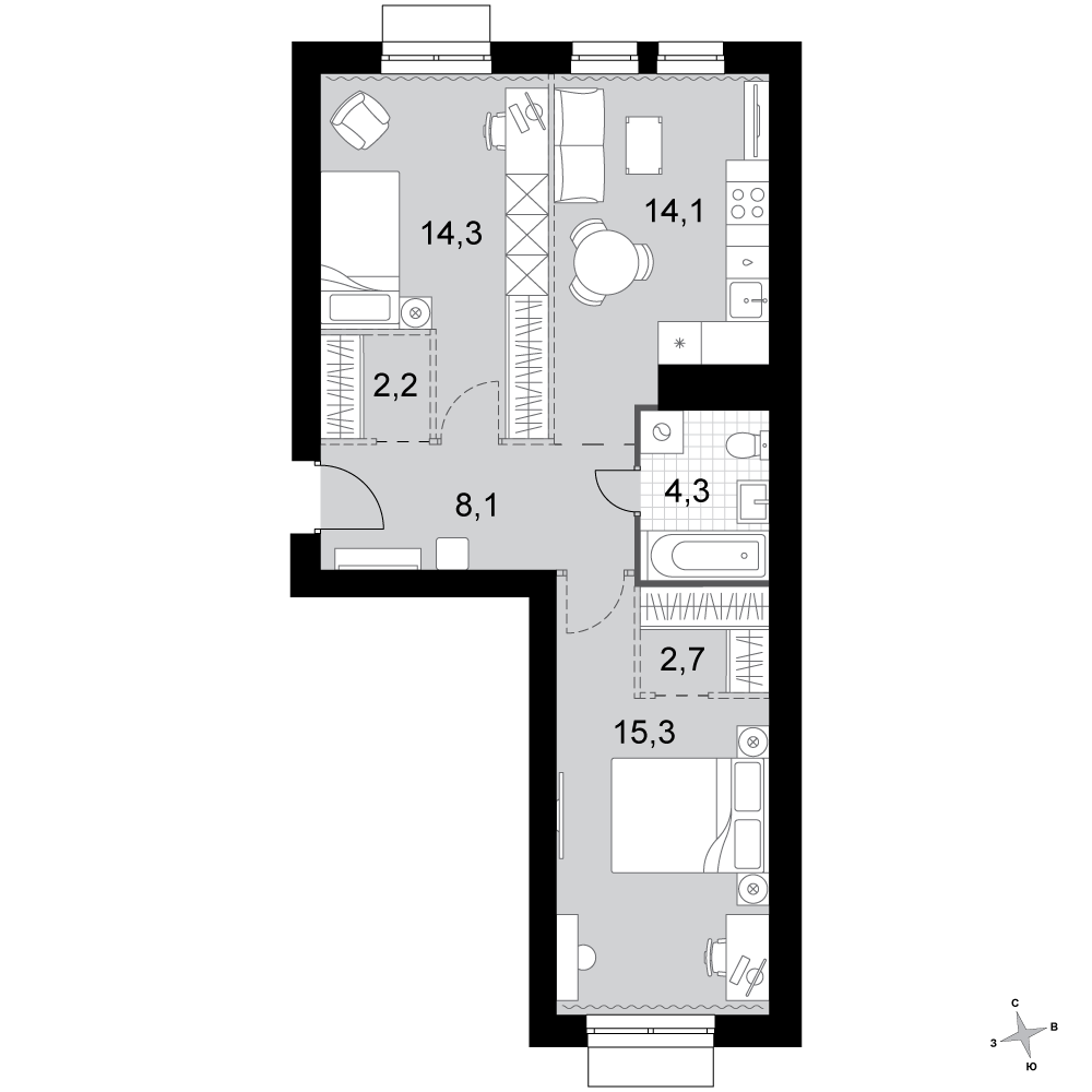 2-комнатная 61 м2 в ЖК Дубровицы Клаб корпус null этаж 4