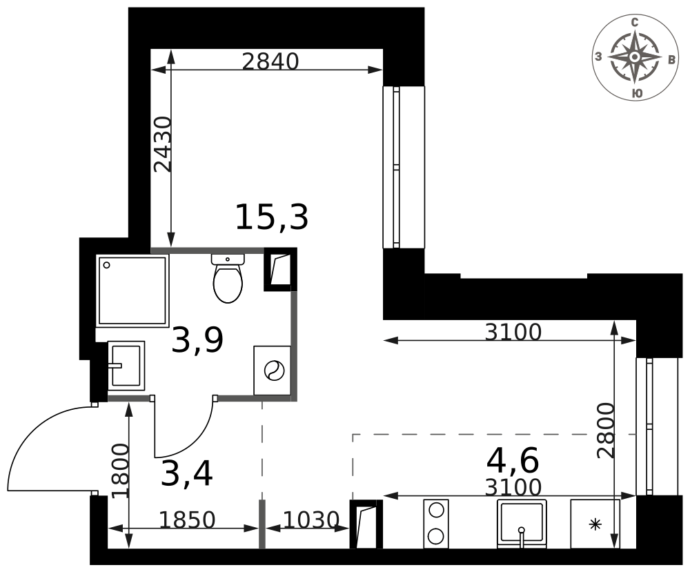 Студия 27 м2 в ЖК 1-й Саларьевский корпус null этаж 2