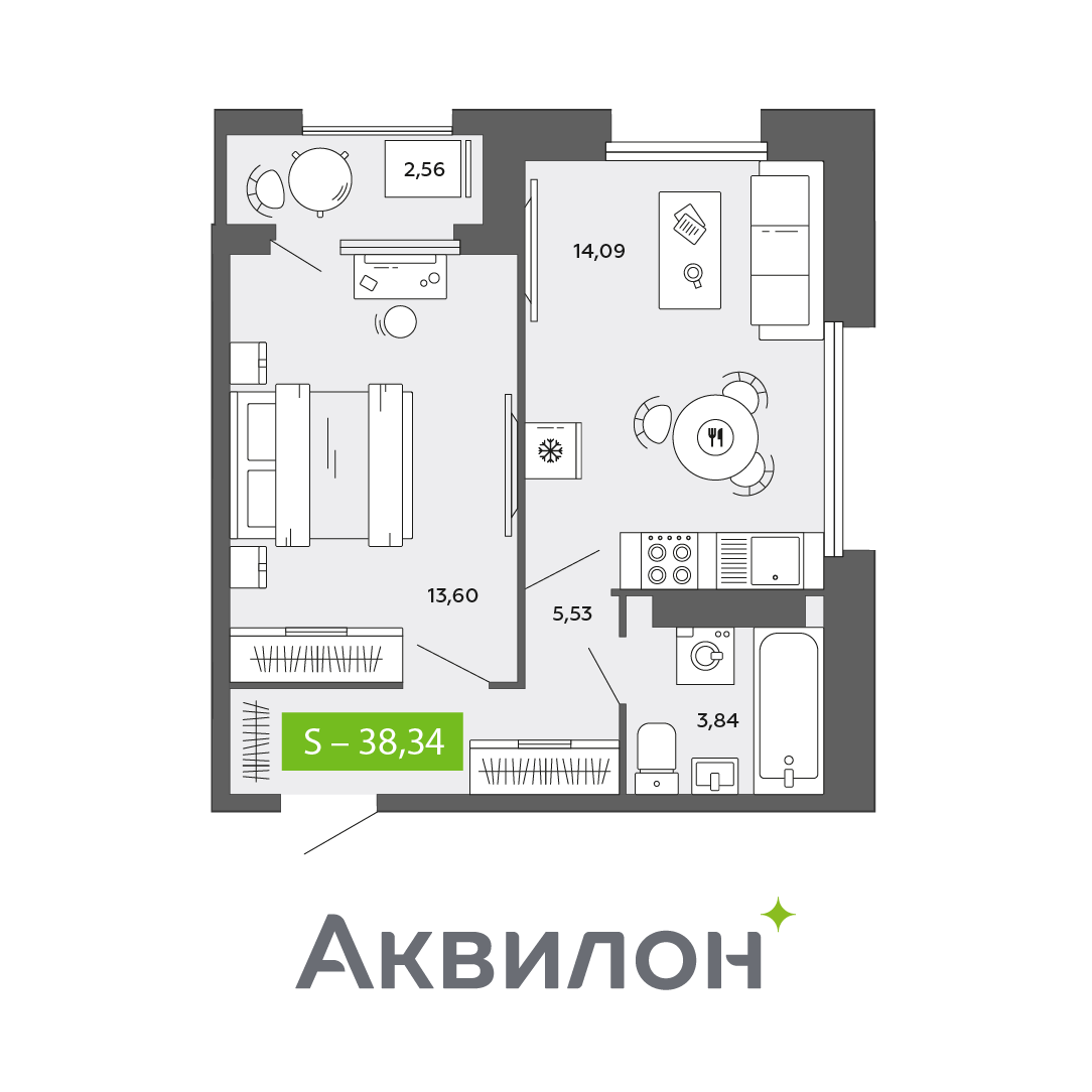 Студия 38 м2 в ЖК Аквилон CITY Towers корпус null этаж 12