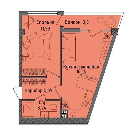 1-комнатная 36.1 м2 в ЖК undefined корпус null этаж 1