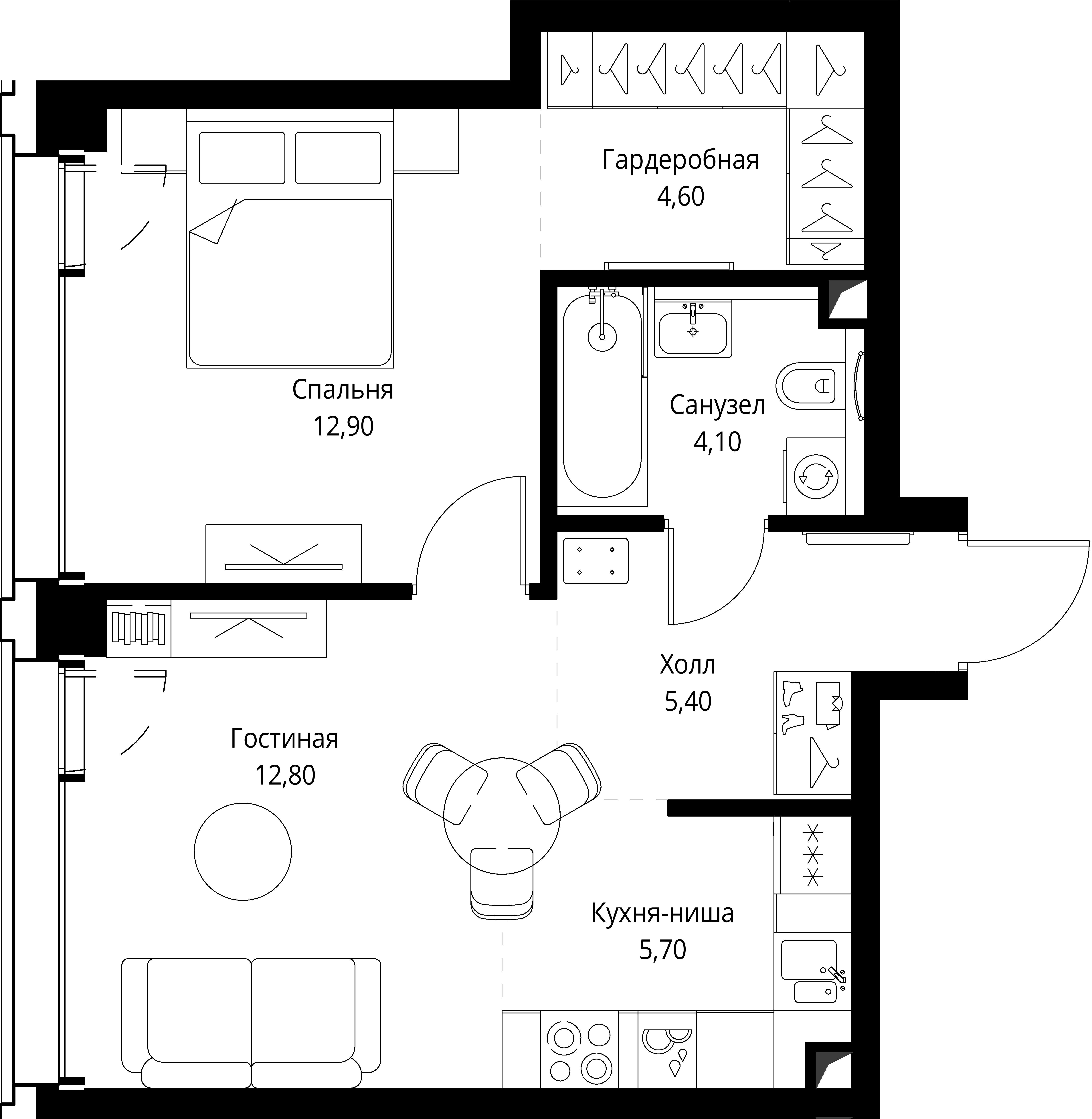 1-комнатная 45 м2 в ЖК СЕТ корпус null этаж 4