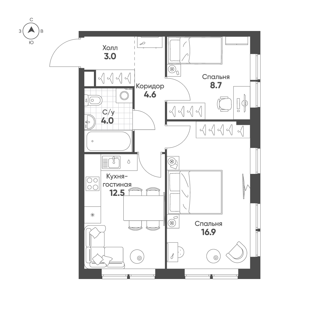 2-комнатная 49 м2 в ЖК Sokolinn Park корпус null этаж 8