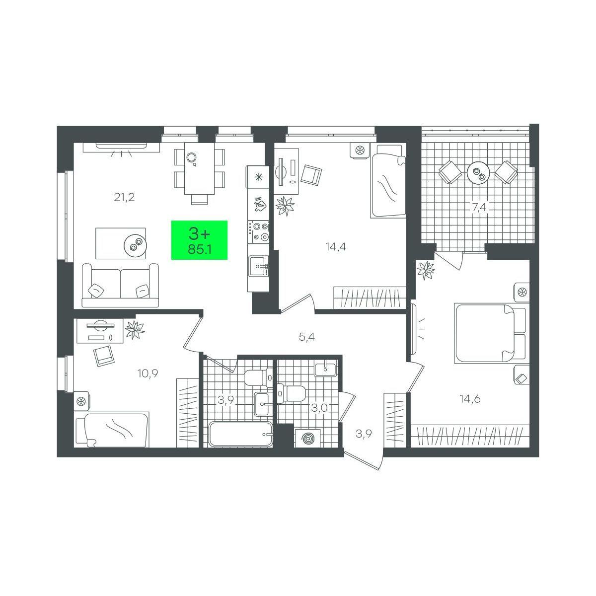 3-комнатная 85 м2 в ЖК Сезоны корпус null этаж 7