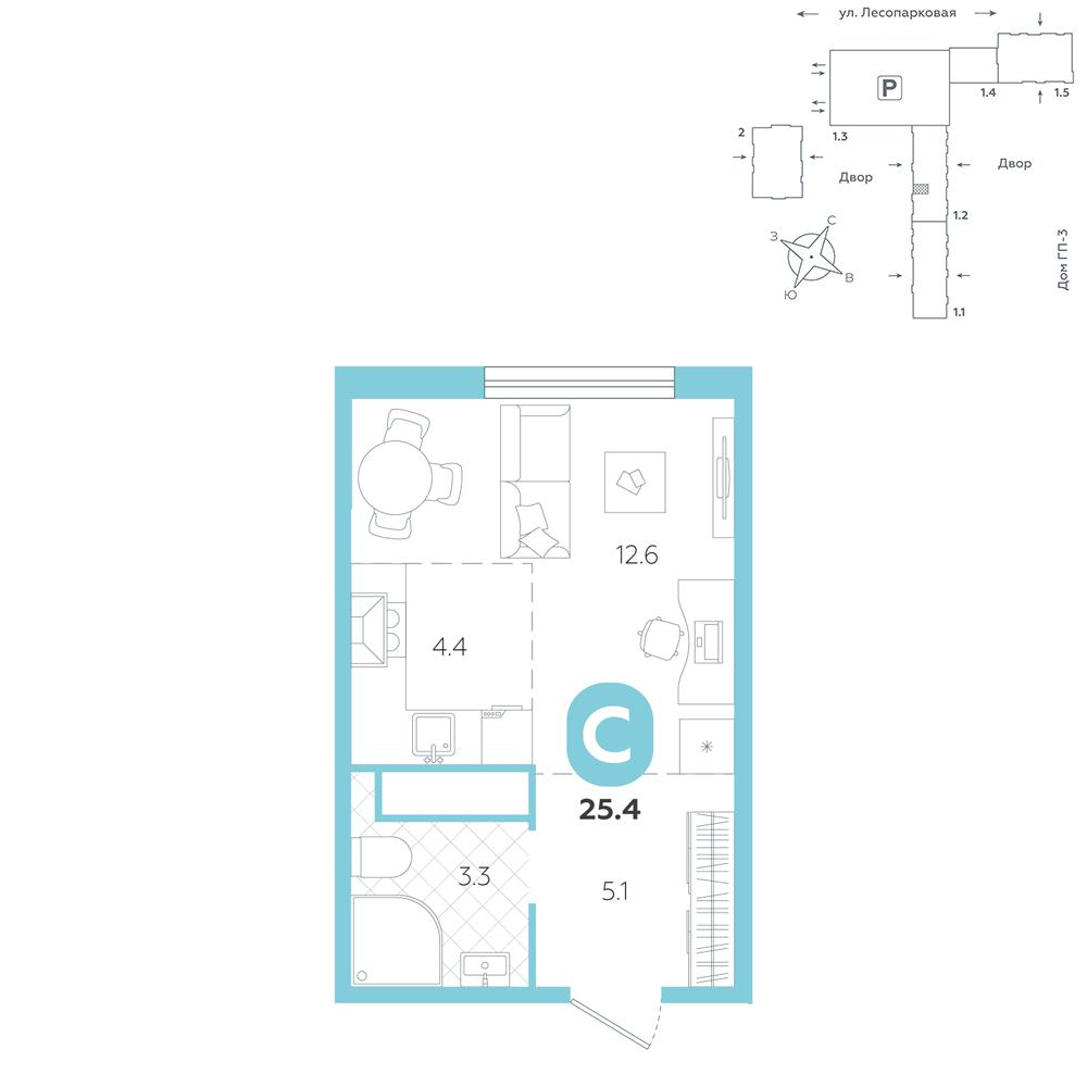 Студия 25 м2 в ЖК Чистые пруды корпус null этаж 7