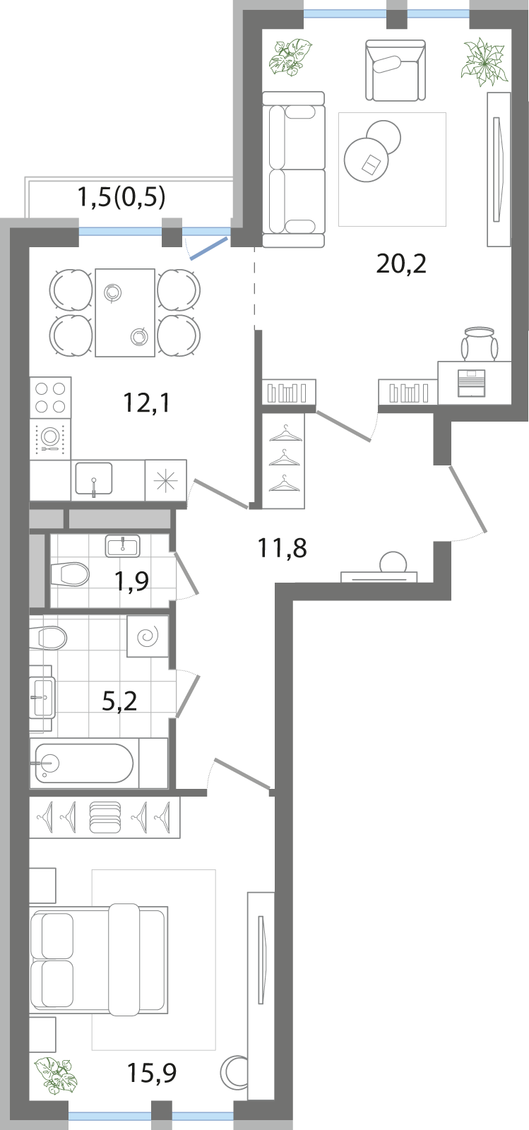 2-комнатная 67 м2 в ЖК G3 Театральный корпус null этаж 3