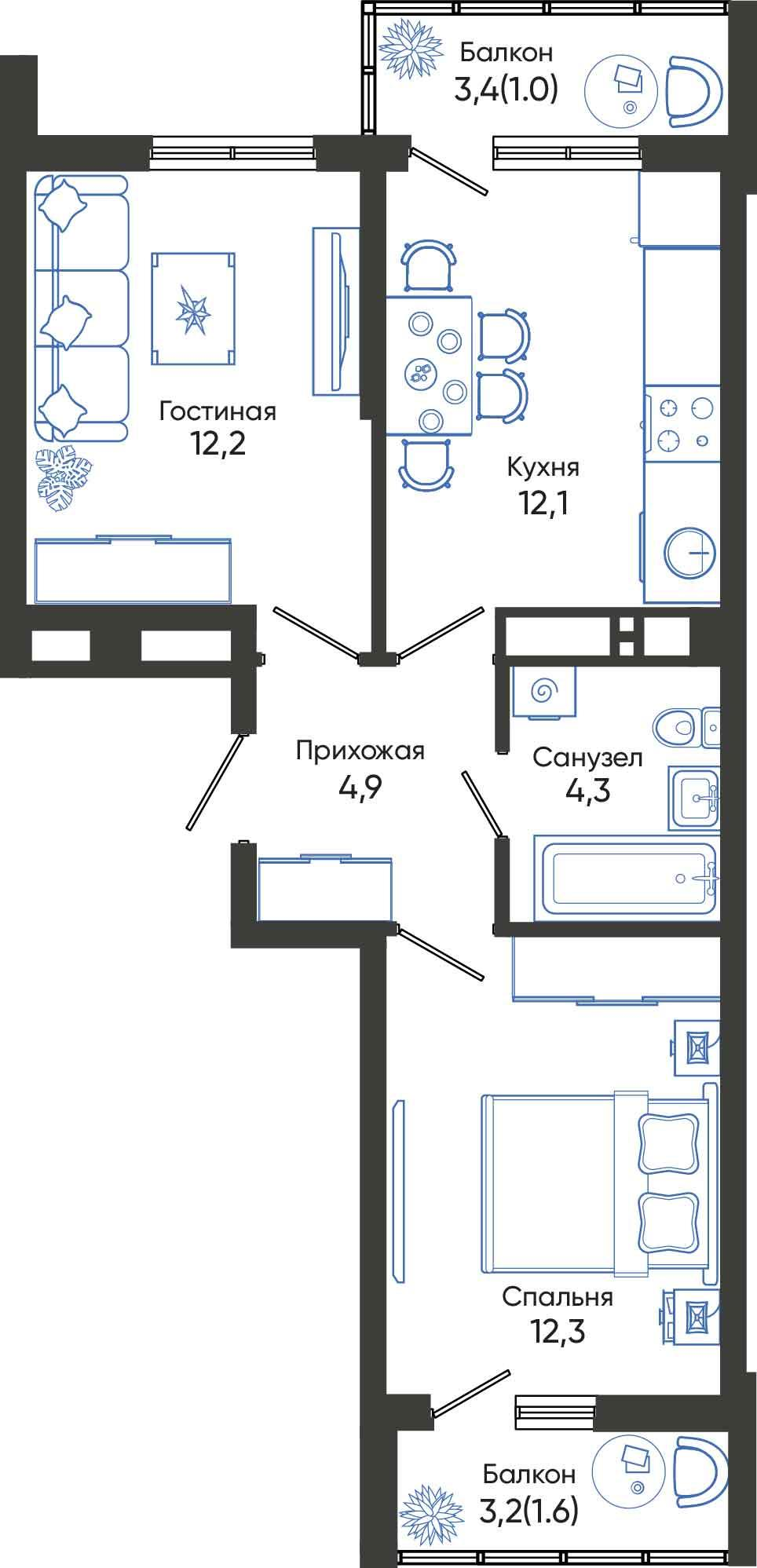 2-комнатная 48 м2 в ЖК Облака корпус null этаж 4