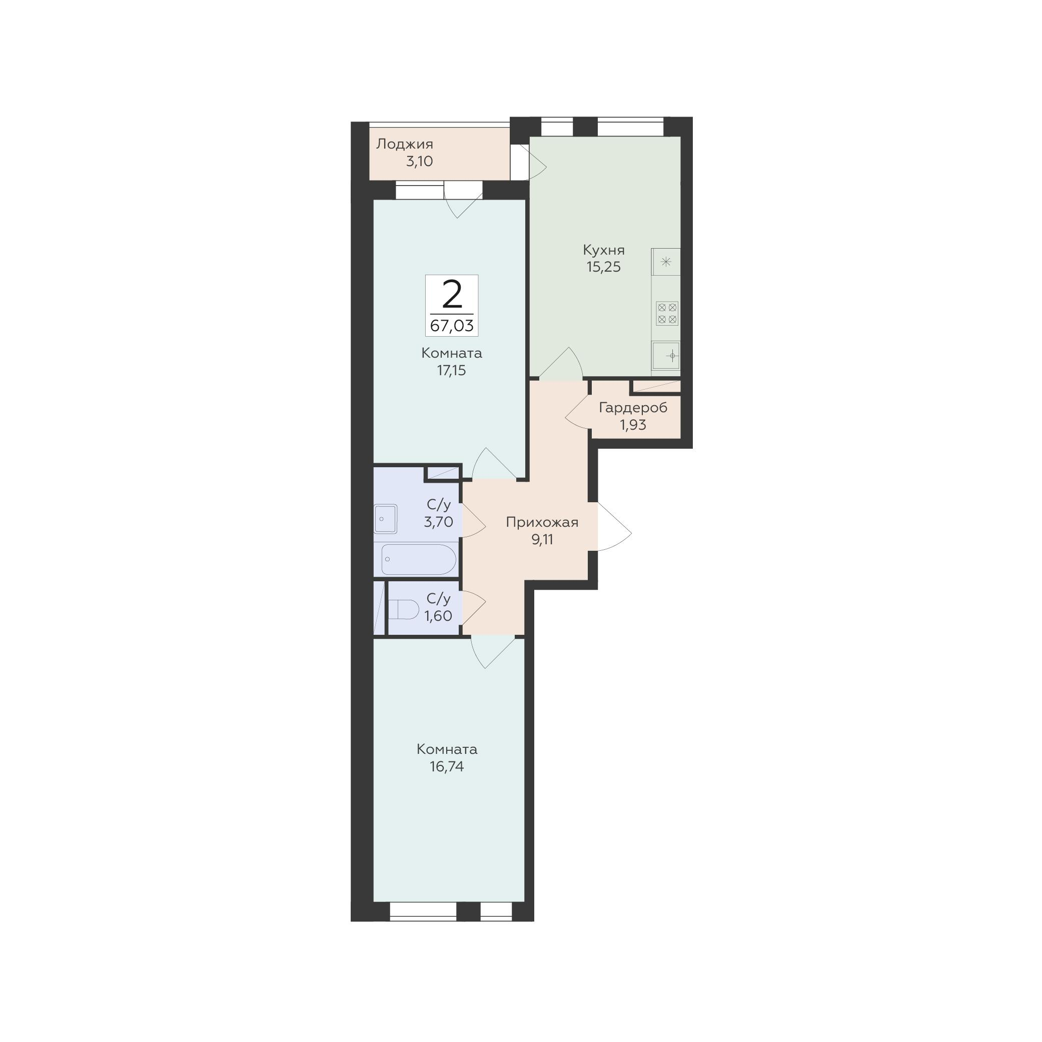 2-комнатная 67 м2 в ЖК Квартал 45 корпус null этаж 5