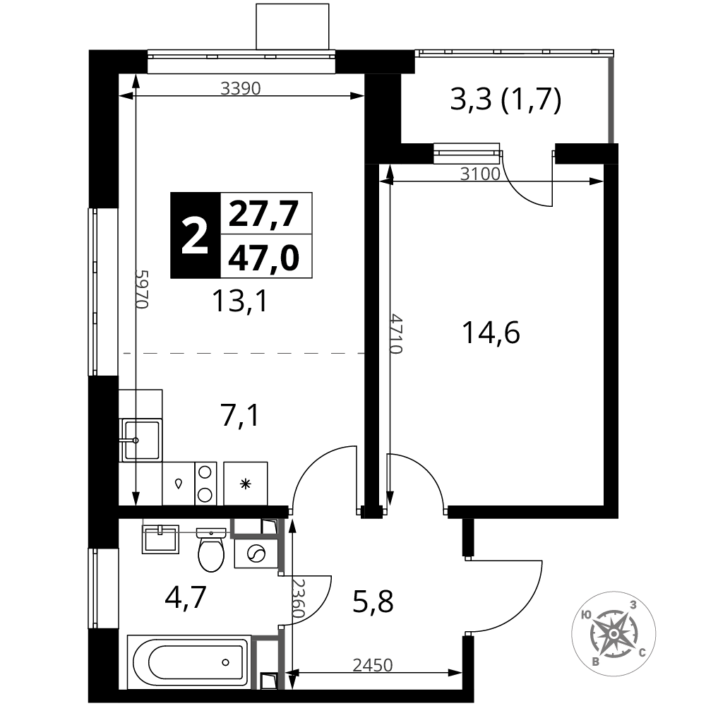 2-комнатная 47 м2 в ЖК 1-й Донской корпус null этаж 4