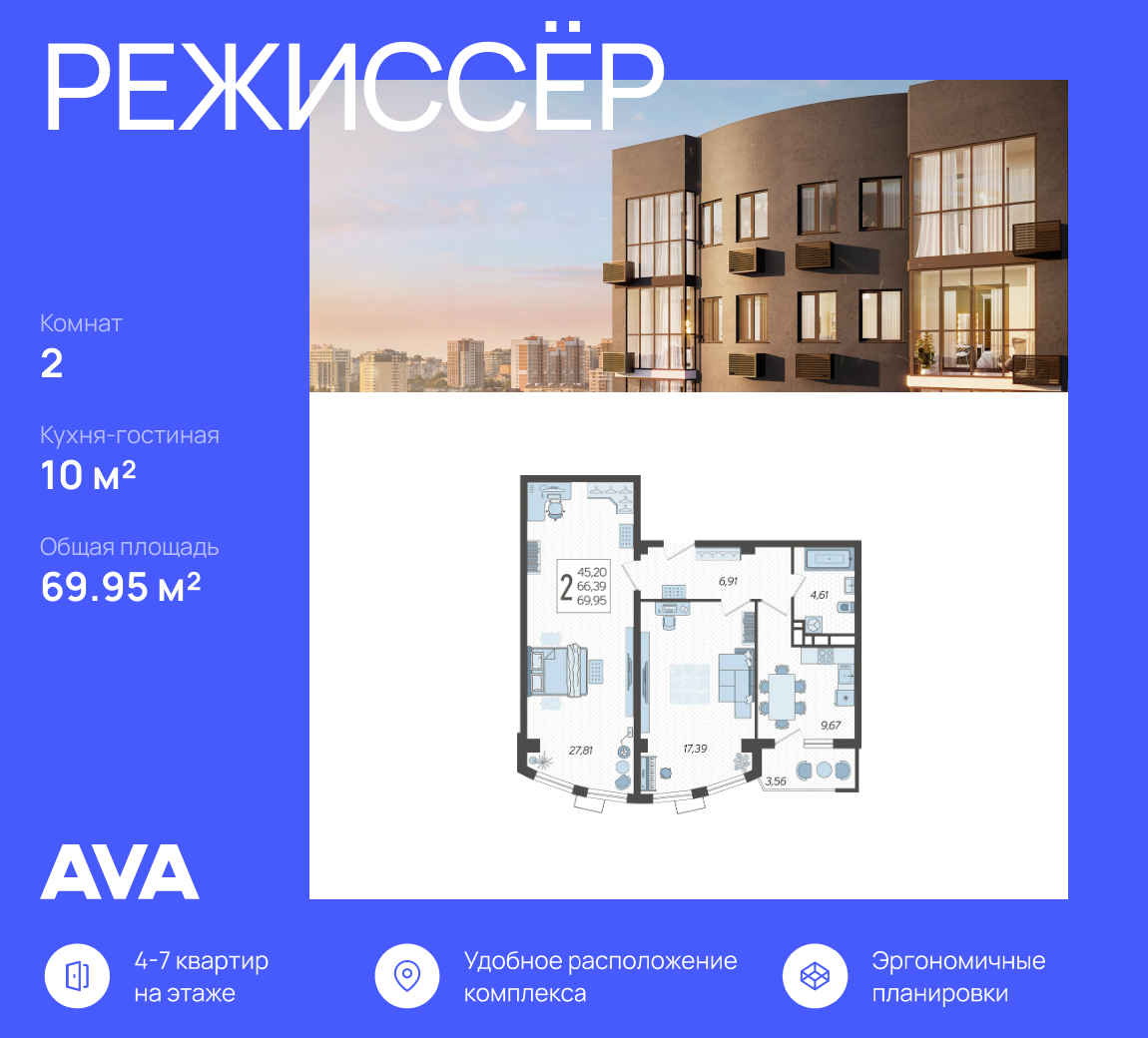 2-комнатная 70 м2 в ЖК undefined корпус null этаж 10