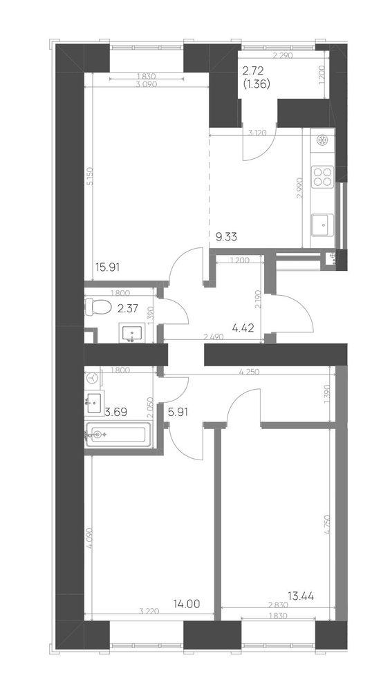 3-комнатная 70 м2 в ЖК Калина корпус null этаж 5