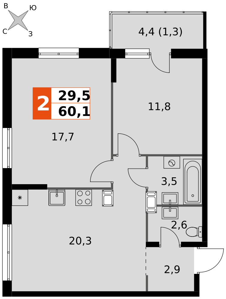 2-комнатная 60 м2 в ЖК Олимп корпус null этаж 5