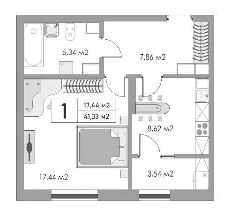 1-комнатная 41 м2 в ЖК undefined корпус null этаж 7