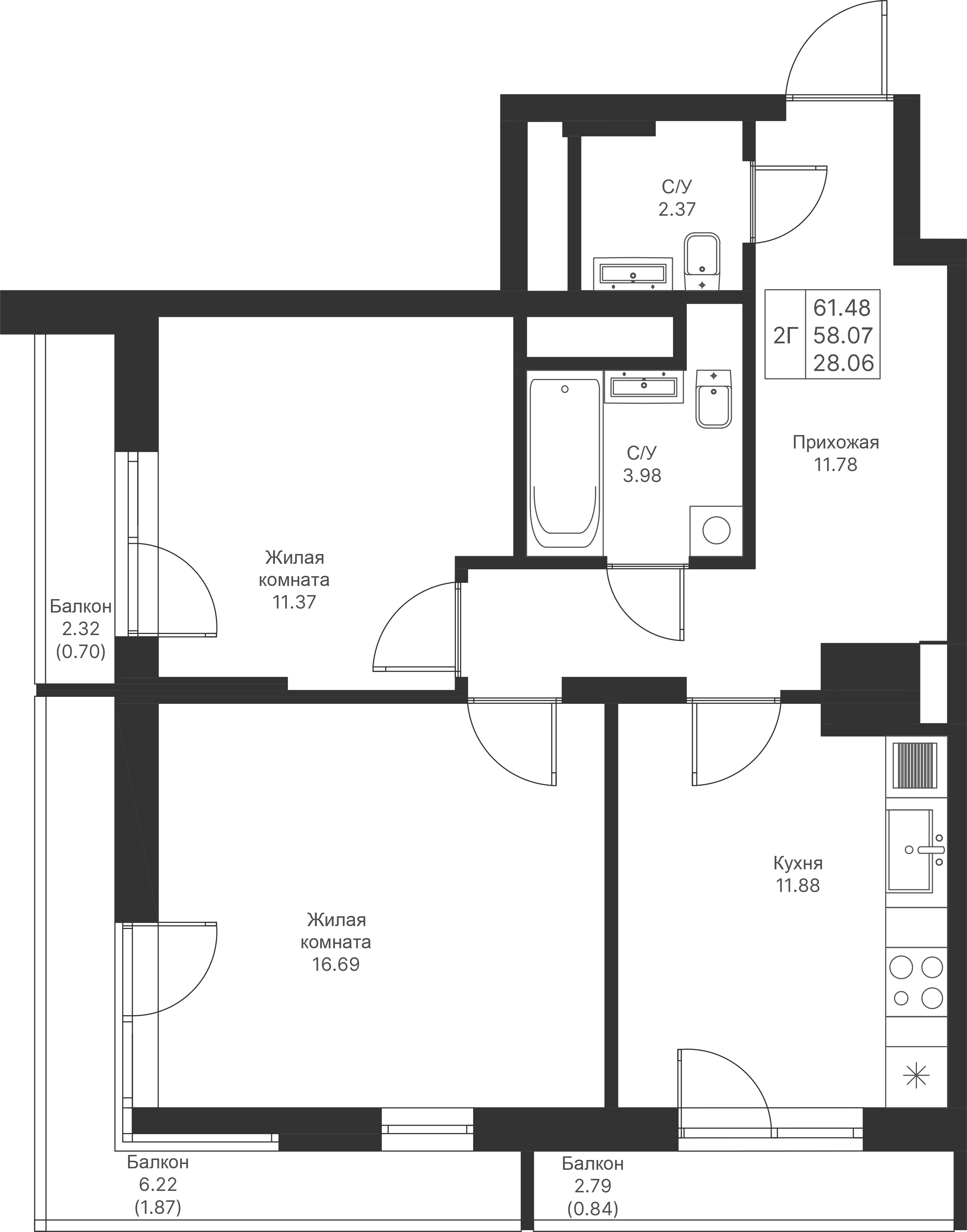 2-комнатная 61 м2 в ЖК Мой Ритм корпус null этаж 15