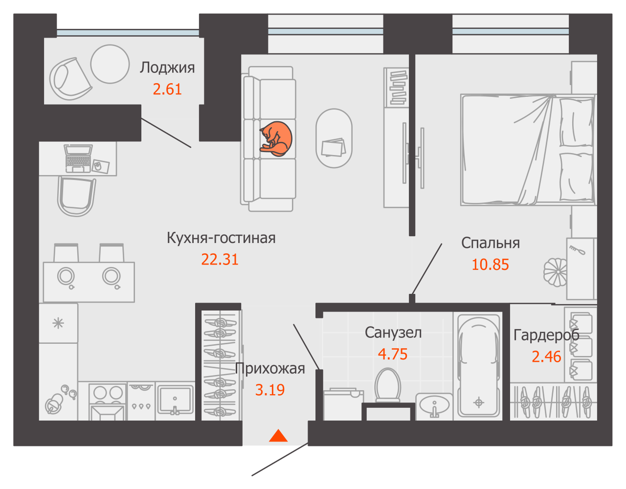 2-комнатная 45 м2 в ЖК ЖК Город Новаторов корпус null этаж 6