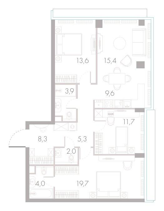 4-комнатная 95 м2 в ЖК River Park Towers Кутузовский корпус null этаж 29