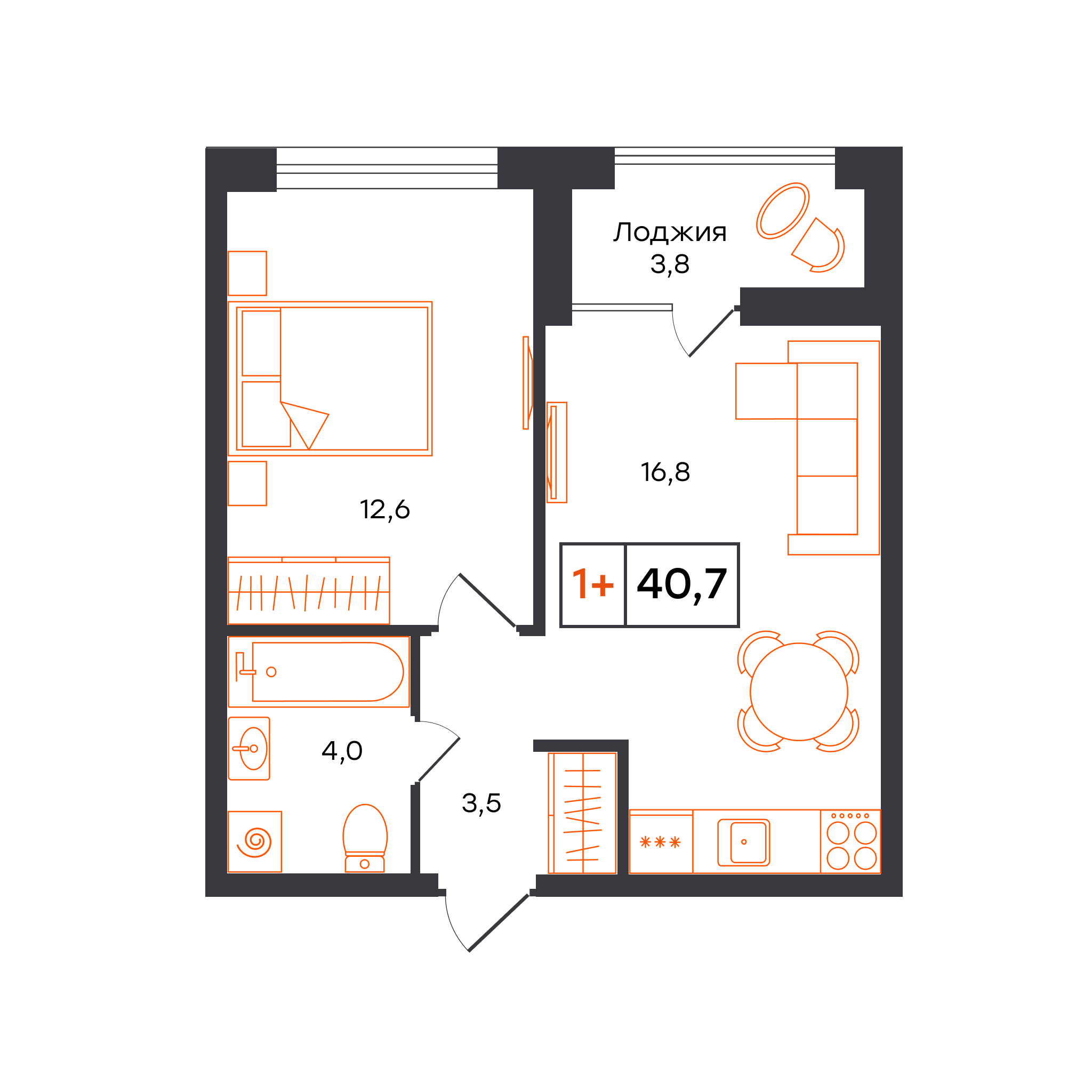 1-комнатная 40 м2 в ЖК УНО. Умный квартал корпус null этаж 14