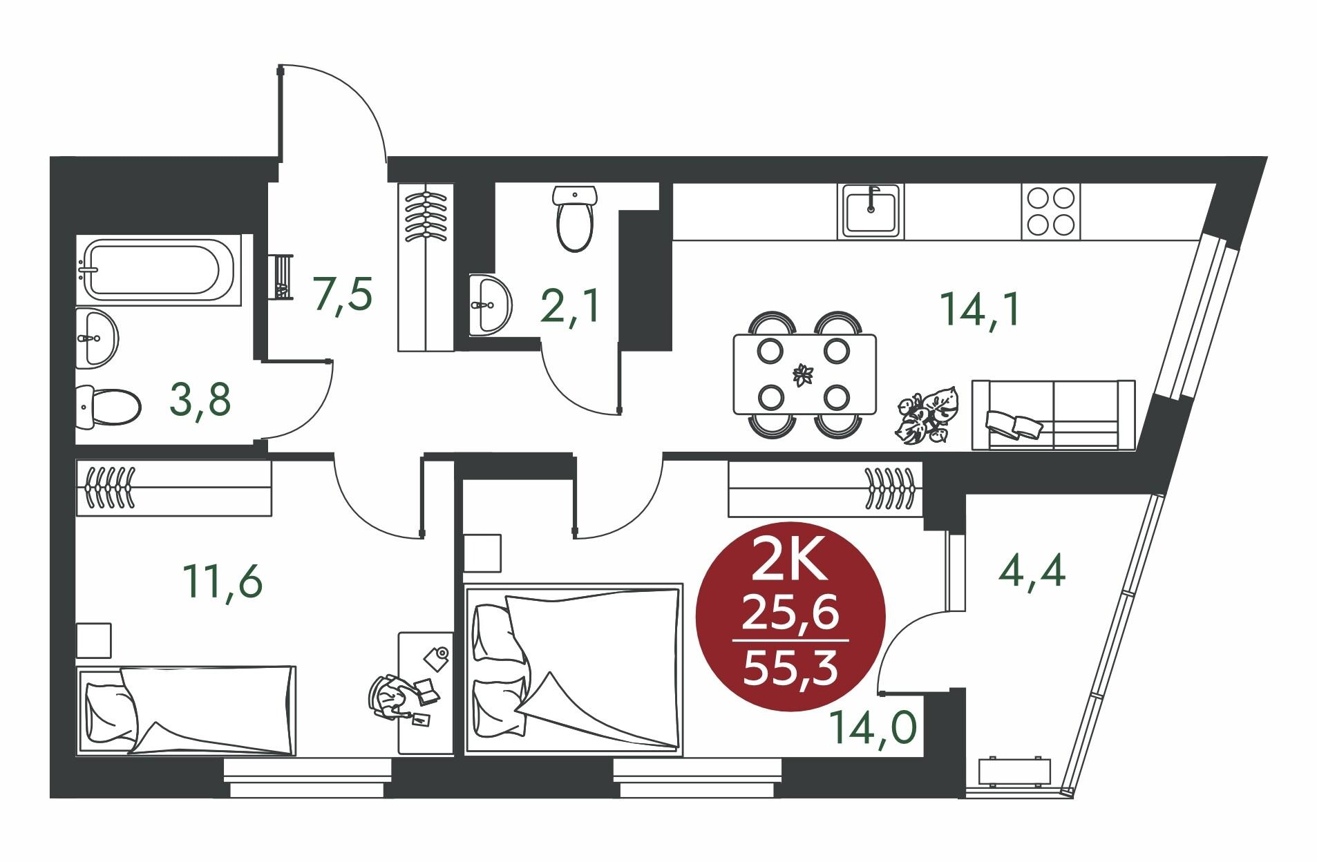 2-комнатная 55 м2 в ЖК Скандинавские кварталы корпус null этаж 13
