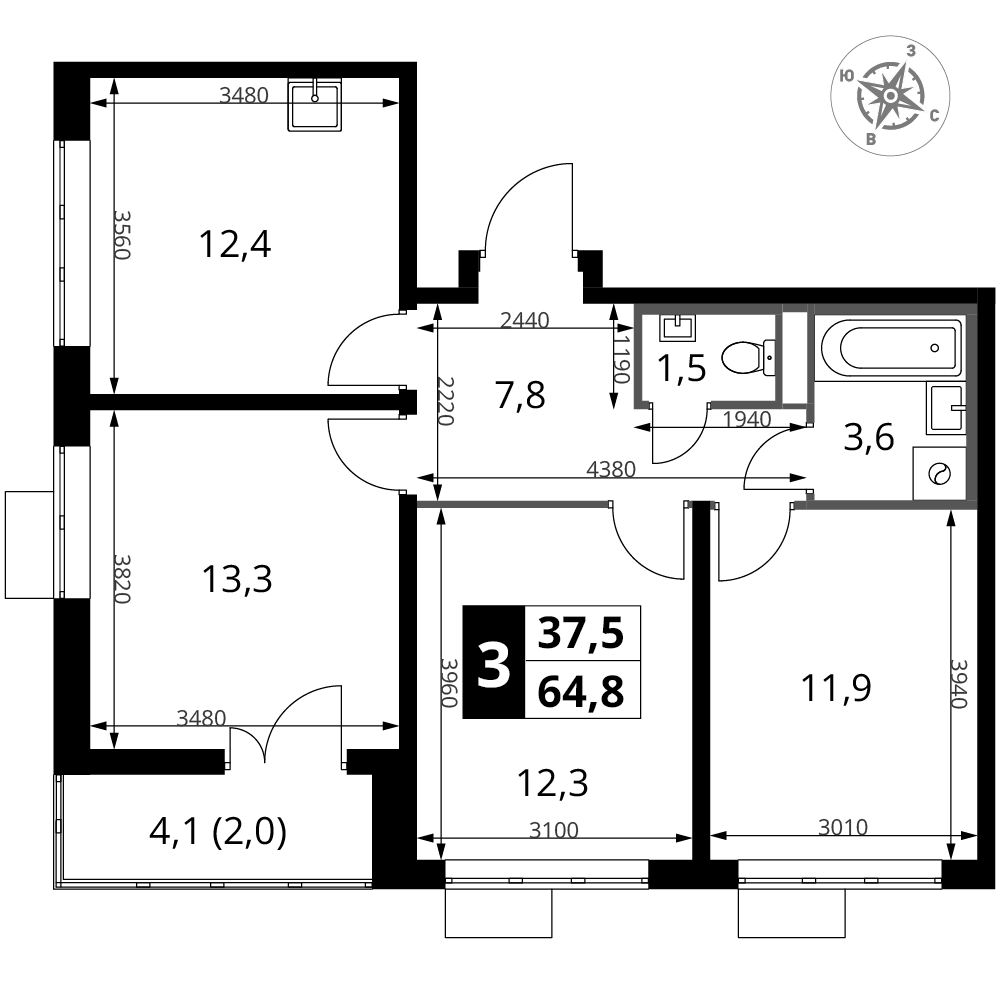 3-комнатная 64 м2 в ЖК 1-й Донской корпус null этаж 5