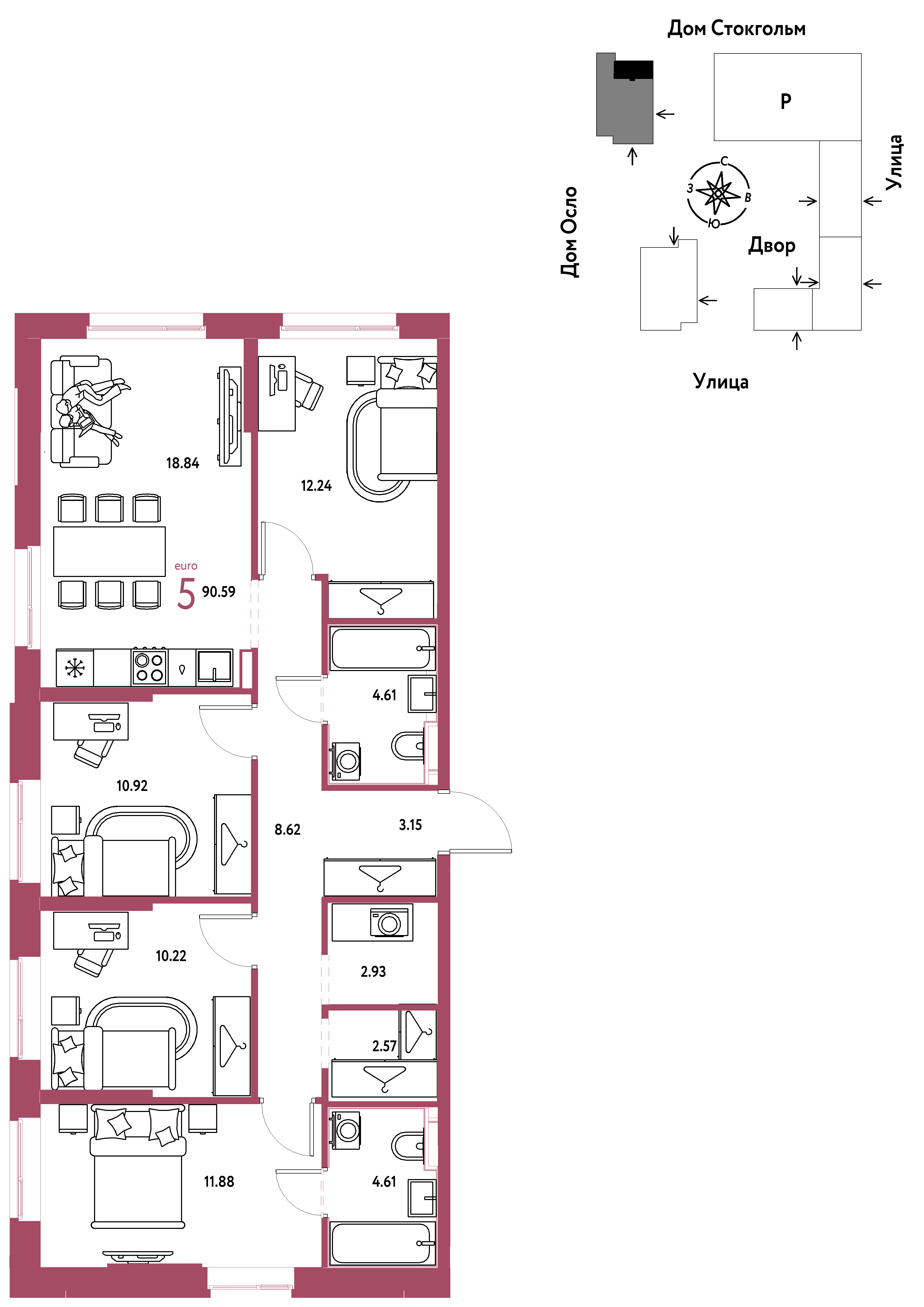 5-комнатная 90 м2 в ЖК Европейский берег 2.0 корпус null этаж 22