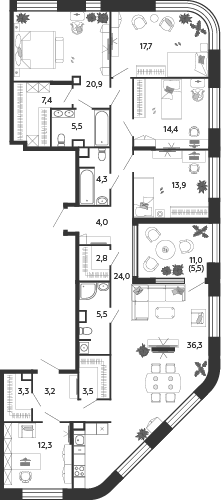 4-комнатная 184 м2 в ЖК Шагал корпус null этаж 27