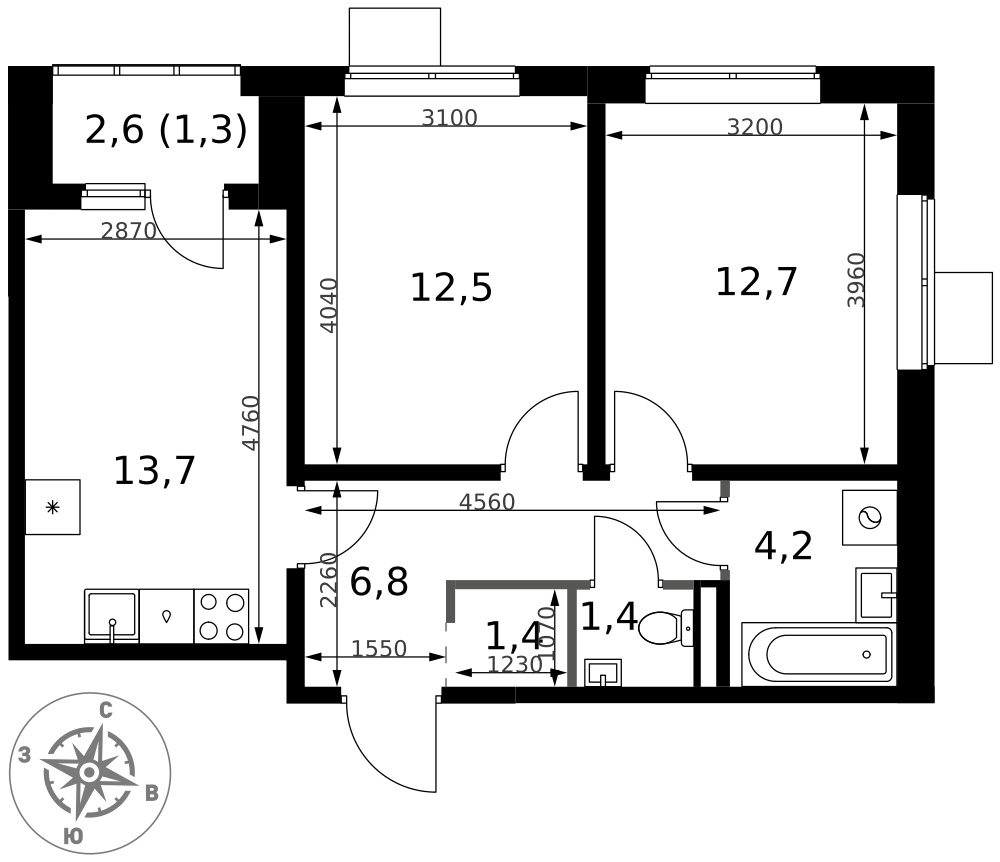 2-комнатная 54 м2 в ЖК 1-й Ясеневский корпус null этаж 3