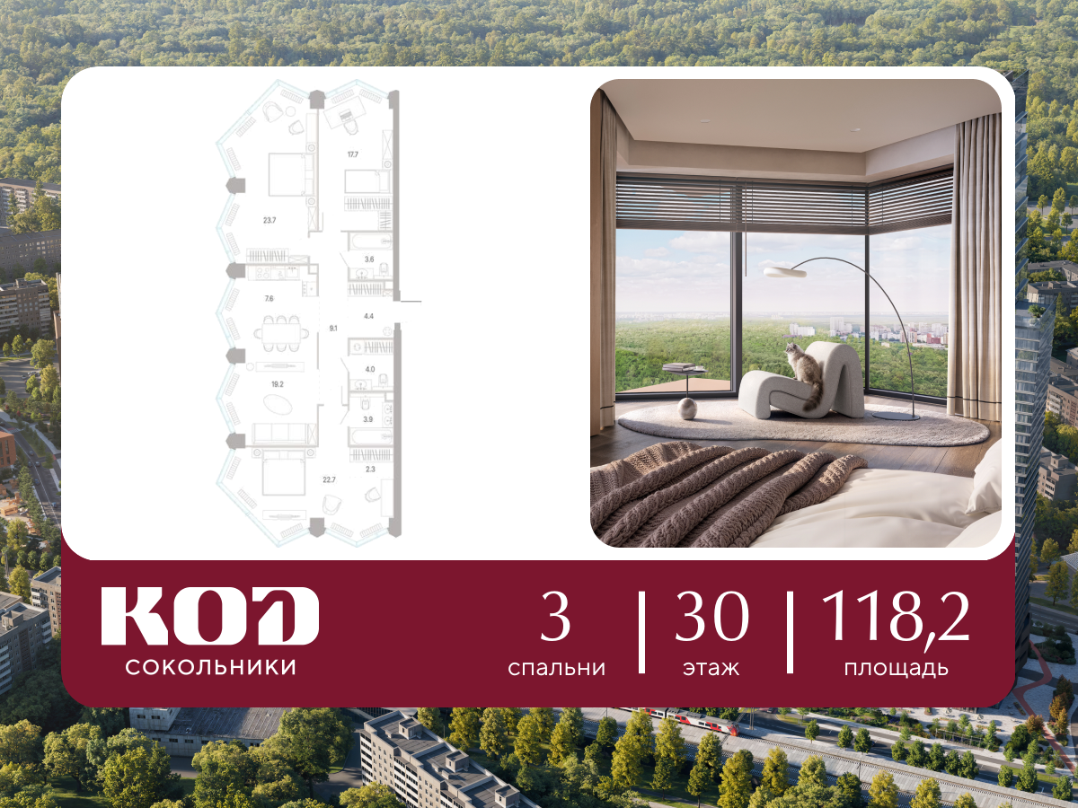 3-комнатная 118 м2 в ЖК КОД Сокольники корпус null этаж 30