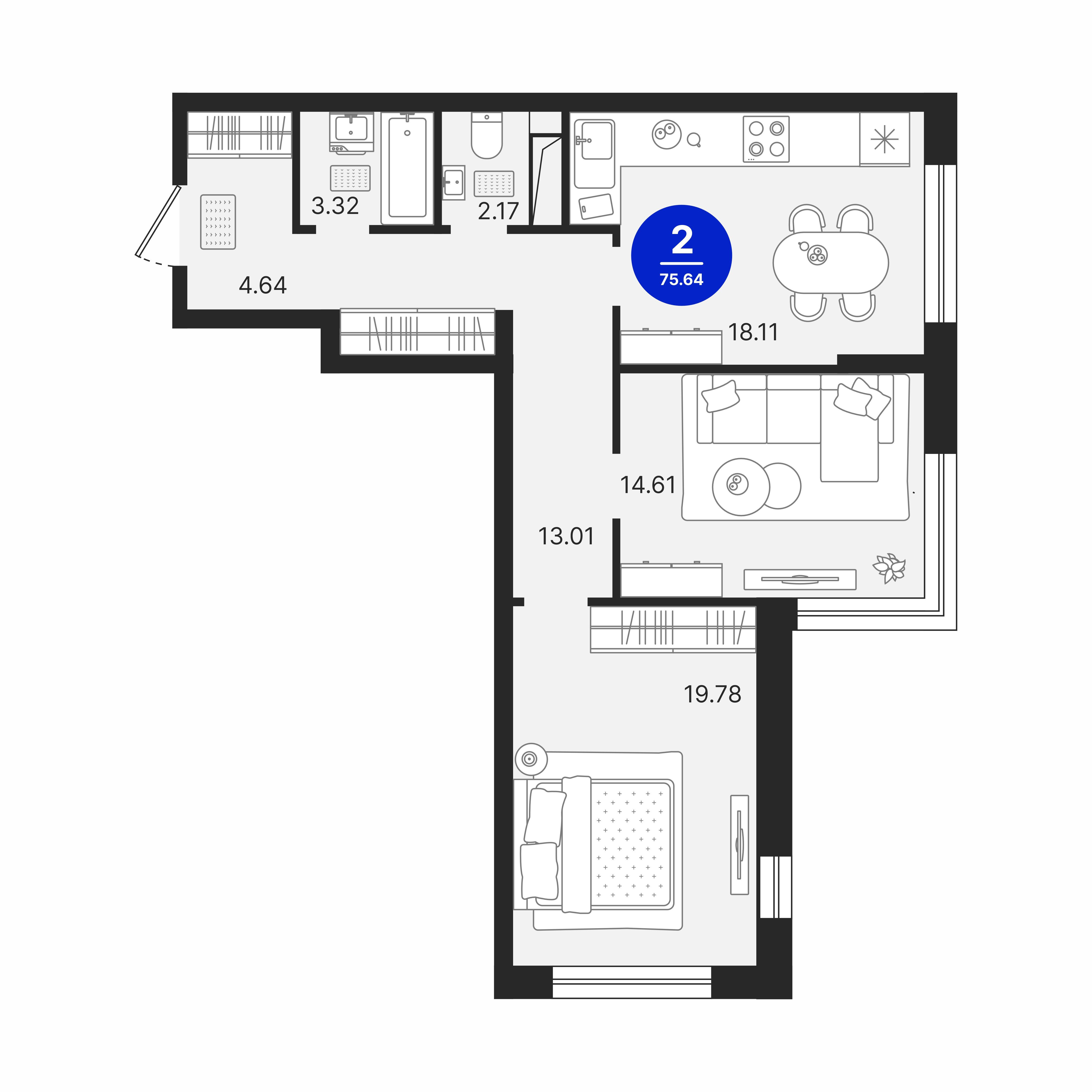 2-комнатная 75 м2 в ЖК Северное Сияние корпус null этаж 2