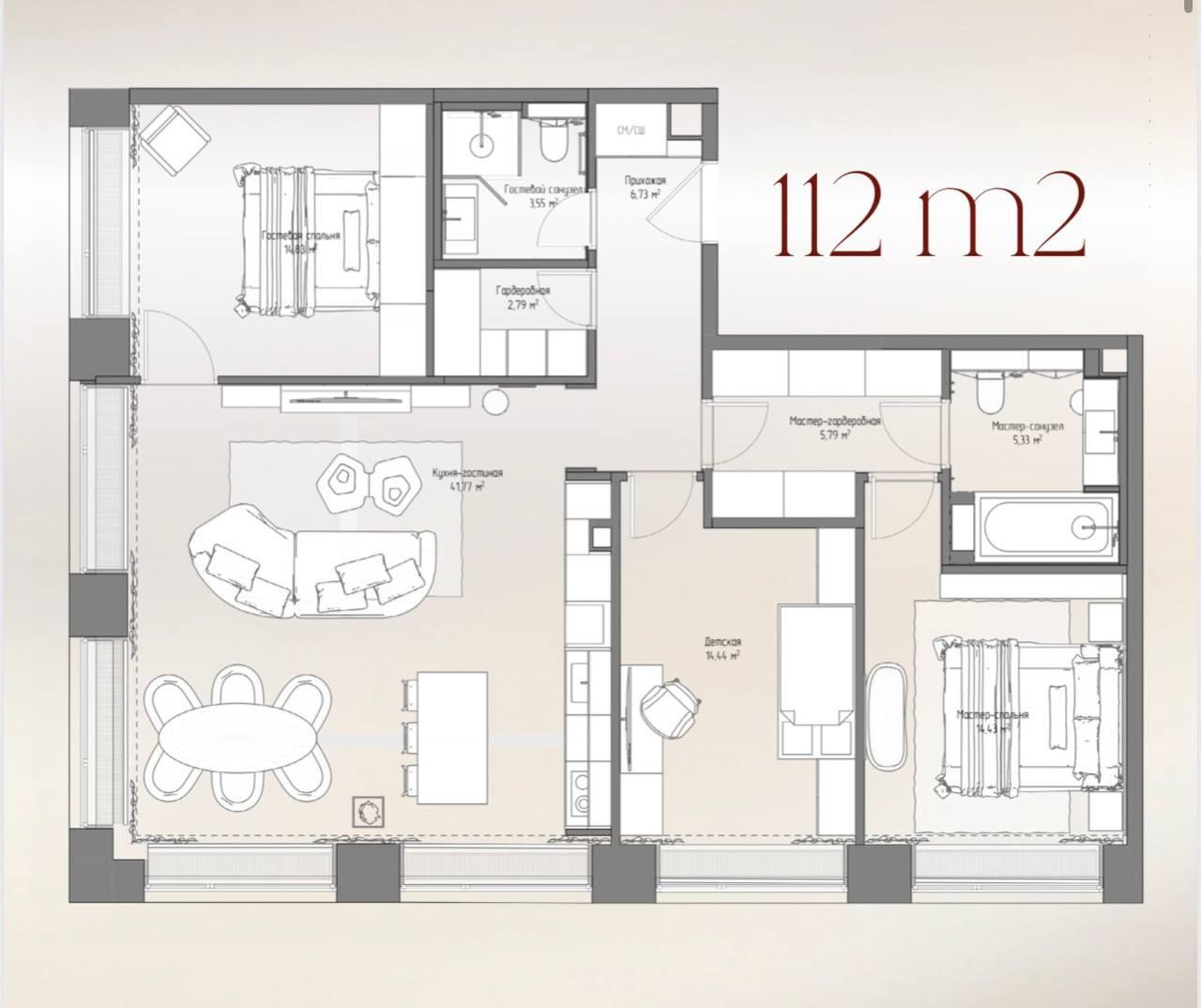 4-комнатная 112 м2 в ЖК undefined корпус null этаж 28