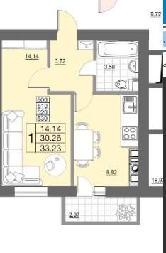1-комнатная 30.3 м2 в ЖК undefined корпус null этаж 6