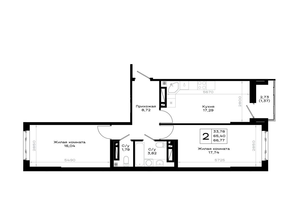 2-комнатная 66 м2 в ЖК Октябрь парк корпус null этаж 15