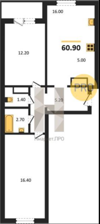 3-комнатная 60.9 м2 в ЖК undefined корпус null этаж 4