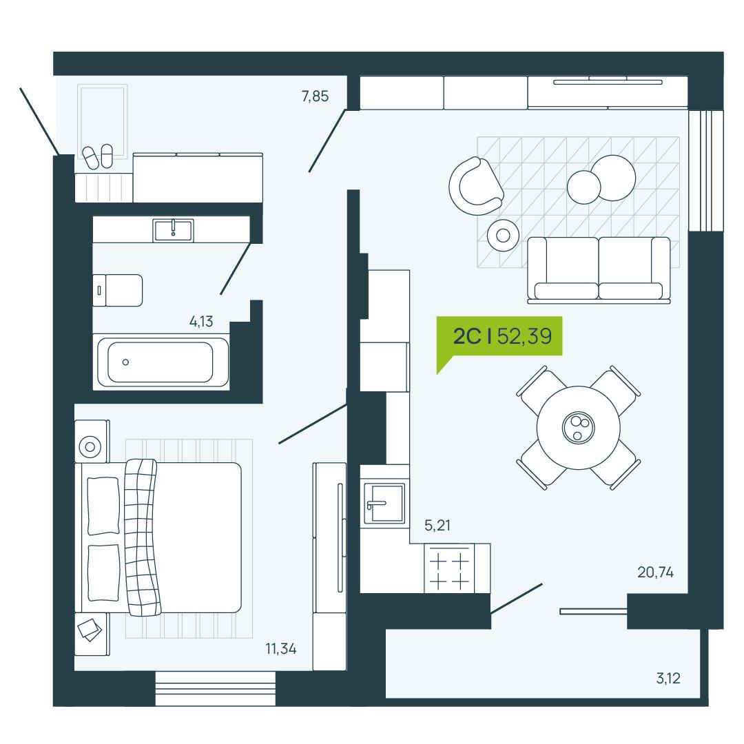 2-комнатная 52 м2 в ЖК Зоркий Парк корпус null этаж 9